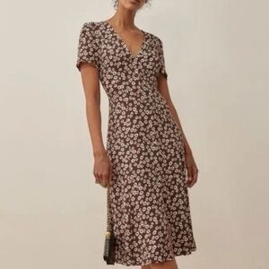 Reformation Floral Midi Dress Size 2 Brown White V Neck Feminine Sundress